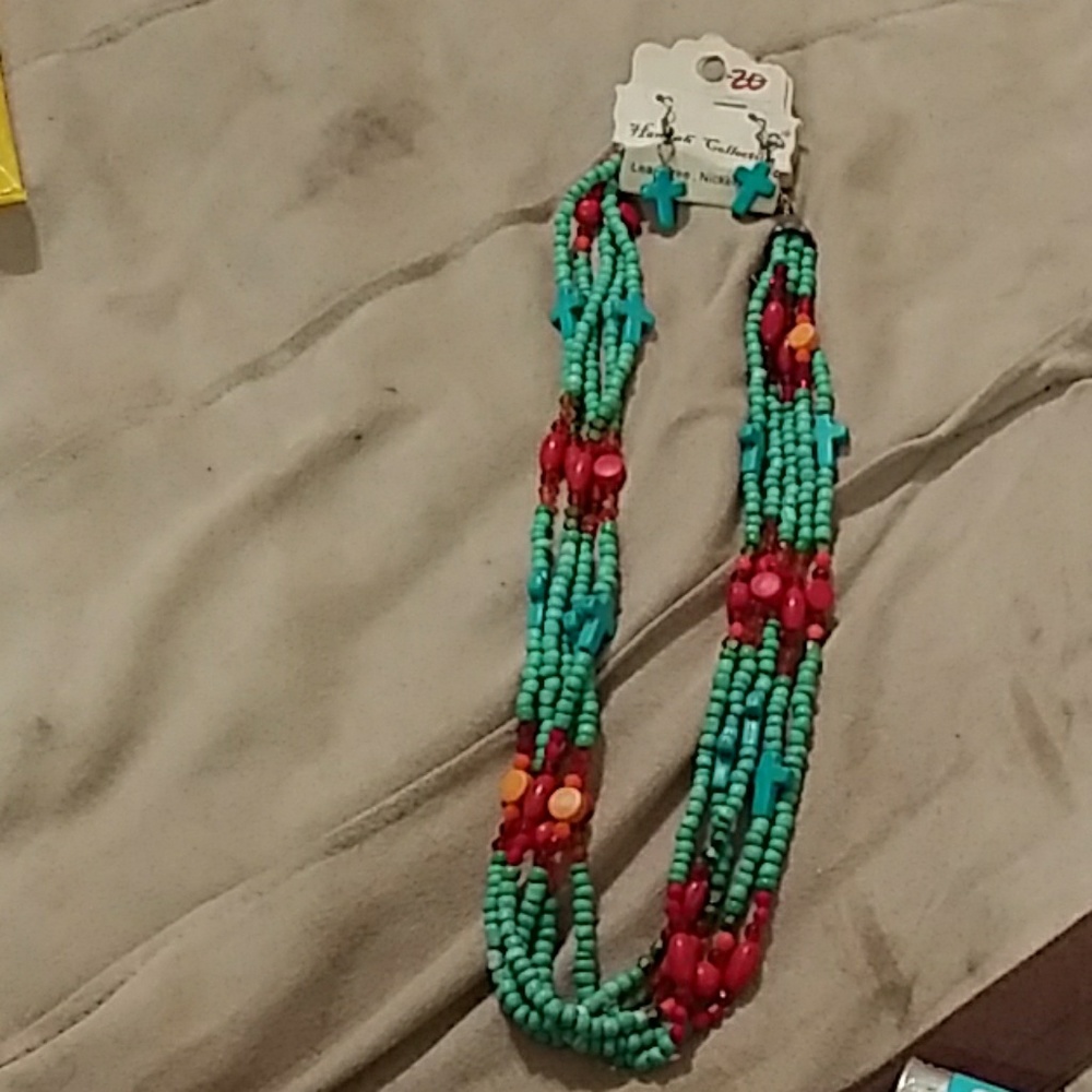 Beaded cross necklace and matching earrings